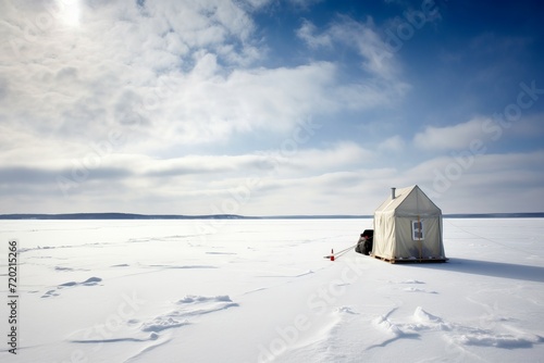 Ice fishing lake. Famous and extremely cold winter with frozen water. Generate AI