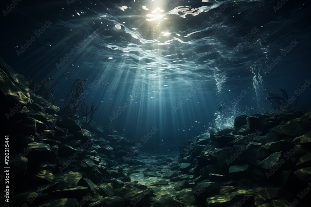 Underwater landscape with shining sunlight