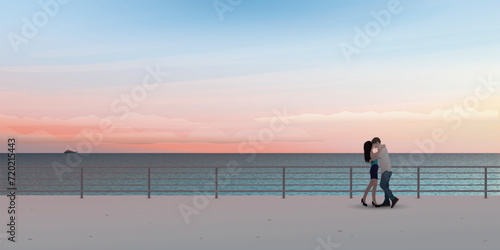 Couiple of lover kissing at seaside with vanilla sky background vector illustration. Sweetheart's honeymoon concept have blank space.