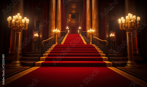 Regal red carpet stairway leading to a grand entrance flanked by ornate columns and glowing lights