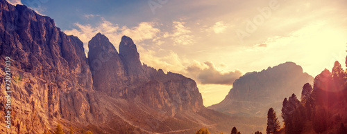 Obraz na płótnie Mountain landscape. Rocks against the sky. The Dolomites in South Tyrol, Gardena Pass, Italy, Europe. Horizontal banner w salonie