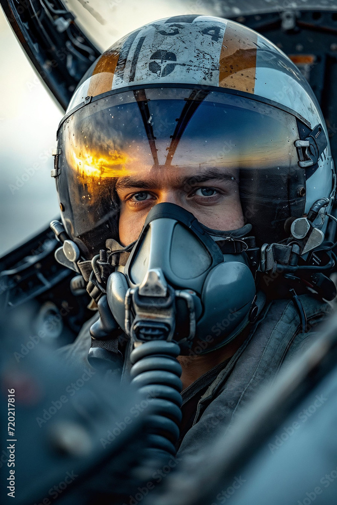 Close-up of a combat pilot in a jet cockpit, wearing a helmet with a golden sunset reflected in the visor Close-up of a combat pilot in a jet cockpit, wearing a helmet with a golden sunset reflected in the visor