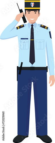 Standing French Policeman Gendarme with Walkie-Talkie in Traditional Uniform Character Icon in Flat Style. Vector Illustration