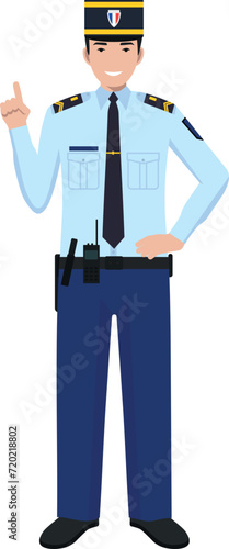 Standing French Policeman Gendarme and Traditional Uniform Character Icon in Flat Style. Vector Illustration.
