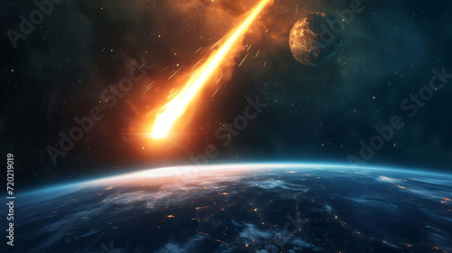 Comet asteroid meteorite flying to the planet earth
