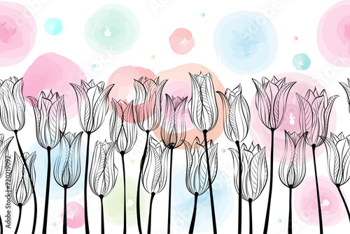 Seamless pattern tulips. Line art, colorful watercolor circles, on white background. © boy4en
