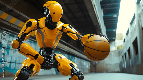 Cinematic photograph of robot playing basketball AI. Smart robots. Future.