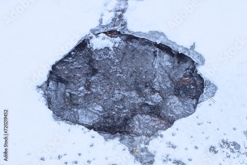frozen puddle with black broken ice in white snow on a winter street
