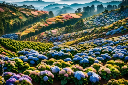 Panoramic view of Hydrangea flower field in Dalat, Vietnam. Da lat is one of the best tourism cities and aslo one of the largest vegetable and flowers growing areas in Vietnam