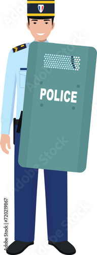 Standing French Policeman Gendarme with Metal Protective Shield in Traditional Uniform Character Icon in Flat Style. Vector Illustration.
