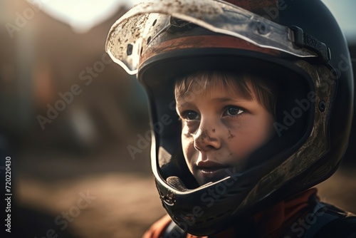 Little boy riding bike. Kid with helmet motocross sport rider. Generate ai © nsit0108
