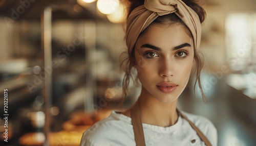 Close up portrait of young woman waitress in beige shef clothes in a light restaurant kitchen