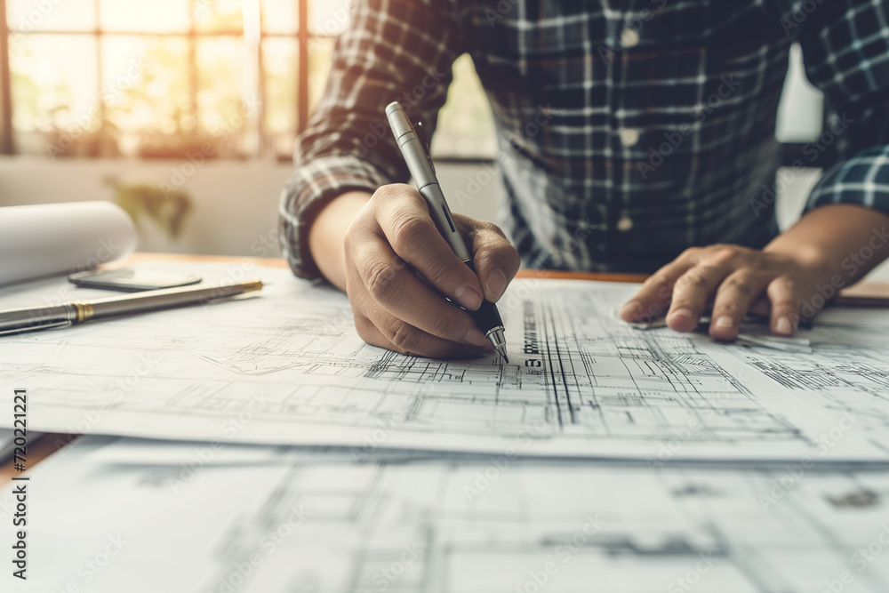 Architect or engineer working on blueprint at office desk, Construction concept Architect or engineer working on blueprint at office desk, Construction concept
