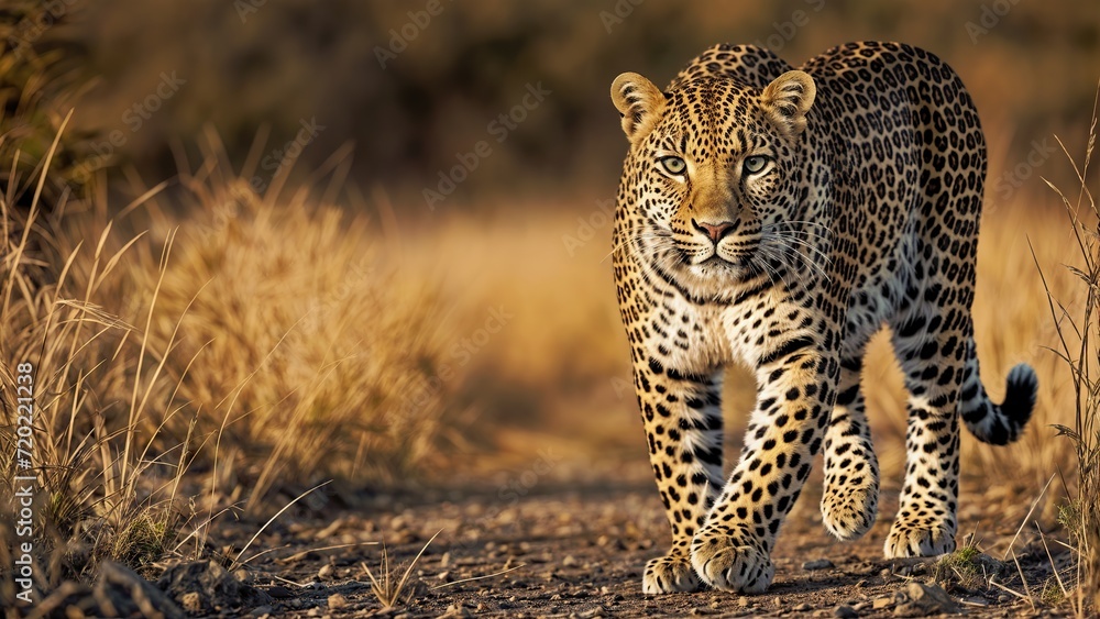 Fototapeta premium A leopard walks on a dirt path surrounded by tall grass.