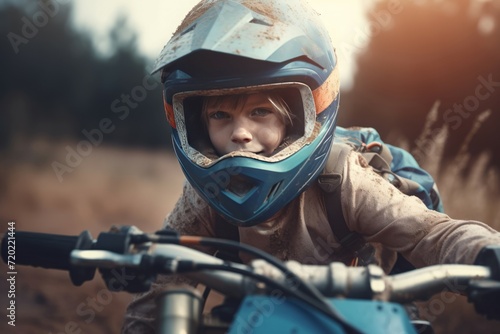 Little boy motocross racing. Energetic child racer supercross sport. Generate ai