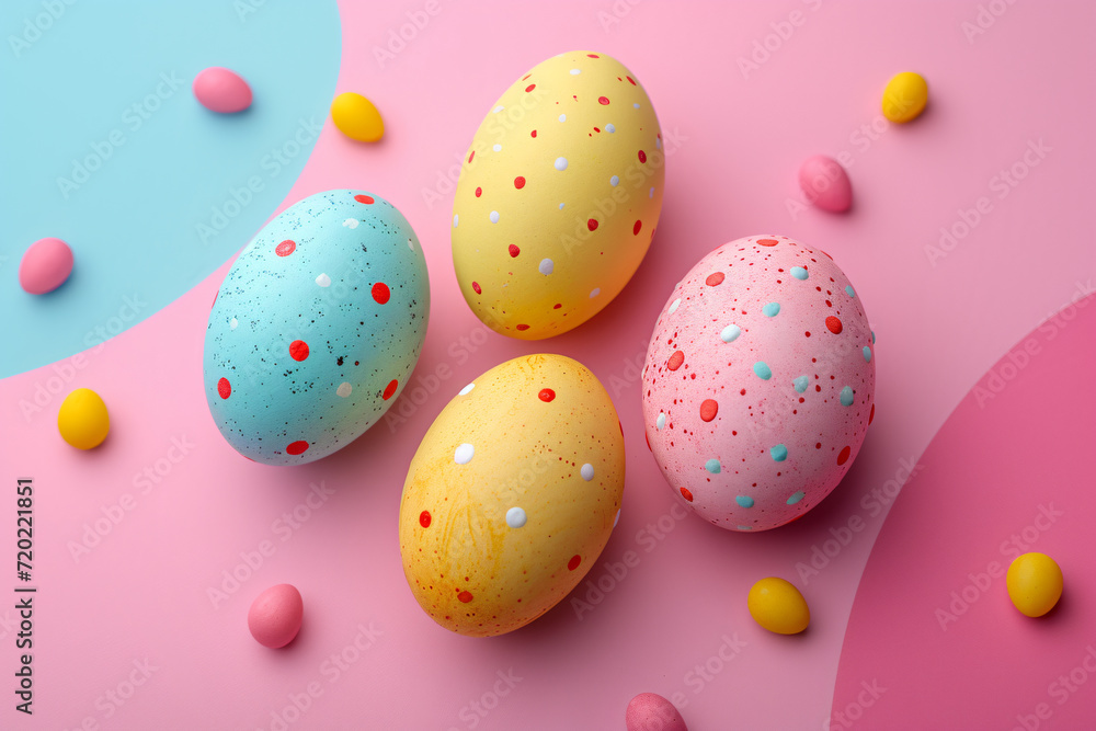 Colorful easter eggs on pink and blue background, top view Easter Egg Vibrant Flatlay Patterns From Above