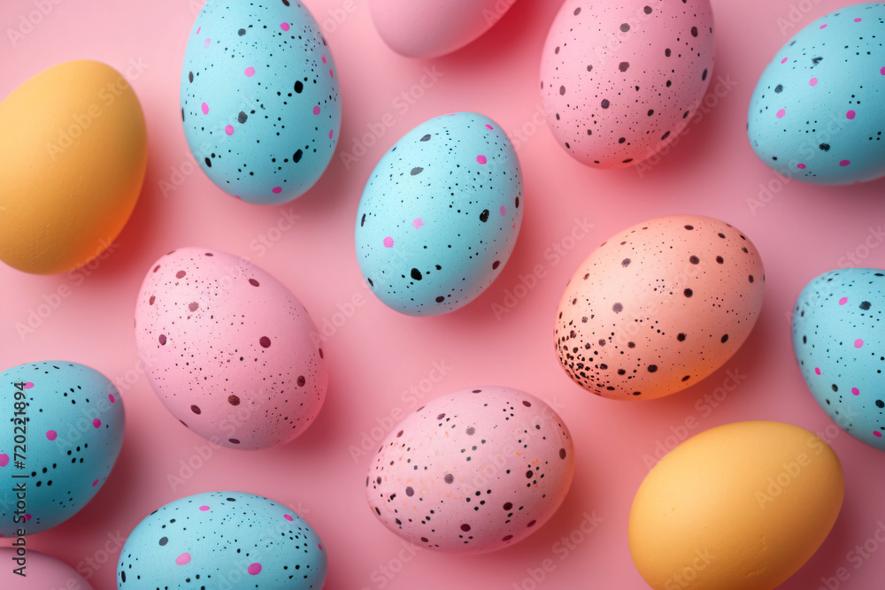 Colorful easter eggs on pastel pink background, top view Top-Down Artistic Easter Flatlay Design