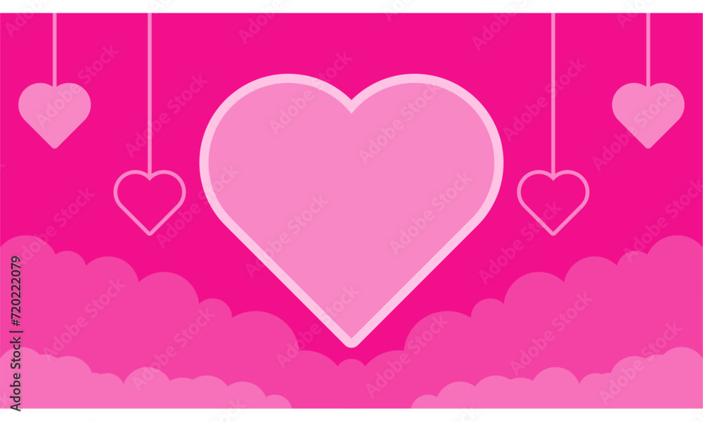 pink background with heart icon. ornament of hanging hearts and clouds. Valentine's Day and Wedding Greeting Cards.