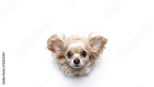 Top view of a fluffy white dog sitting on the floor and looking up. Free space for product placement or advertising text.