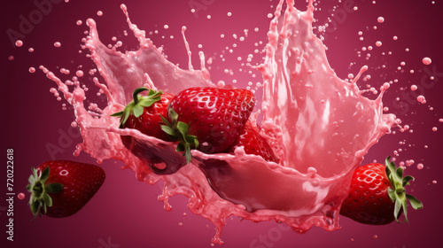 strawberry parts splashing into pink milkshake