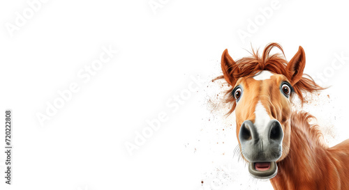 Surprised red horse portrait on a white background. Free space for product placement or advertising text.