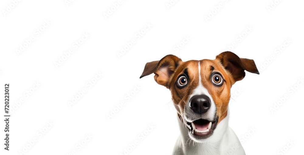 Surprised Jack Russell Terrier dog portrait on a white background. Free space for product placement or advertising text.