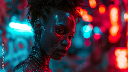 nightlife glow: stylish woman under purple neon after the party