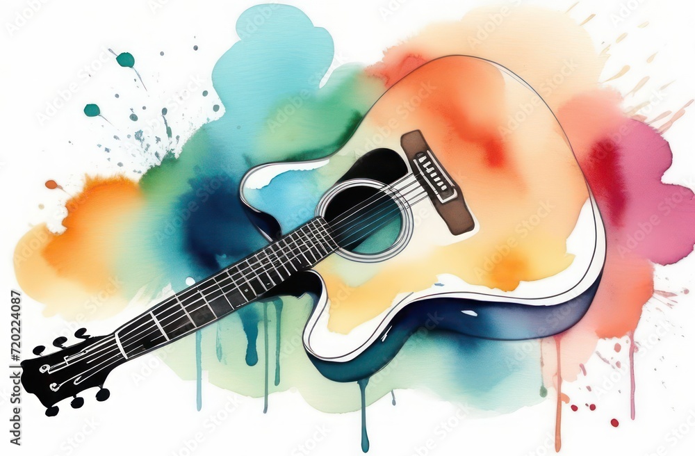 Guitar and splashes of rainbow paint in watercolor style. Creative rainbow music illustration. Vector decor element