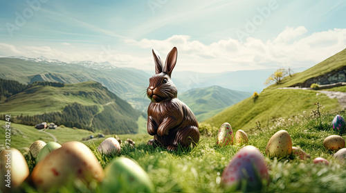 Chocolate bunny on green hills with Easter eggs hidden in the grass.