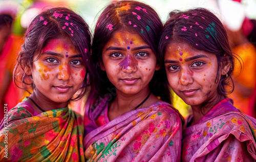Three young Indian girls covered in colored chalk at the Holi Festival created with Generative AI technology