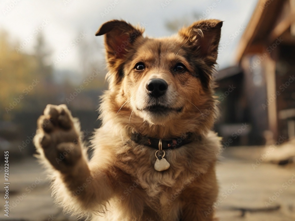 a dog raised its paw to say hello a dog raised its paw to say hello