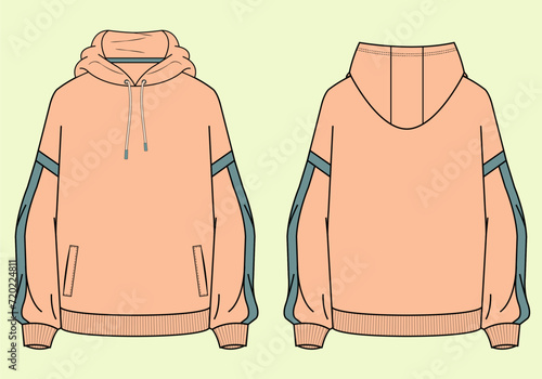 Ladies Athleisure Long Sleeve Drop Shoulder Oversize Hoodie with Side Pockets - Front and Back View - Vector Flat Sketch.