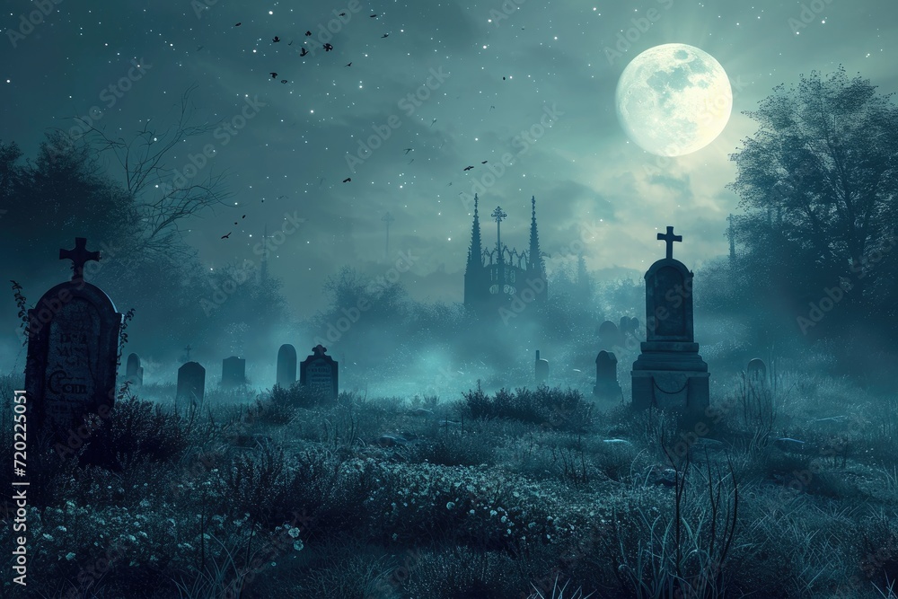 Naklejka premium A spooky graveyard at night with tombstones, fog, and ominous moonlight Graveyard At Night Spooky Cemetery