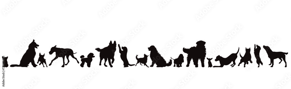 Set of vector silhouettes of different dogs in different positions on a white background. Dog and pet symbol. Set of vector silhouettes of different dogs in different positions on a white background. Dog and pet symbol.