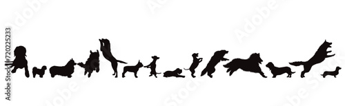 Set of vector silhouettes of different dogs in different positions on a white background. Dog and pet symbol.