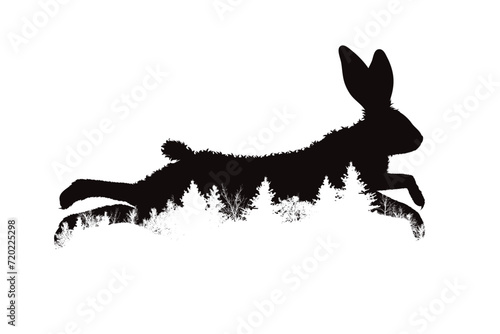 Vector silhouette of a jumping hare with a forest on a white background. Symbol of wild animal, nature and abstract.