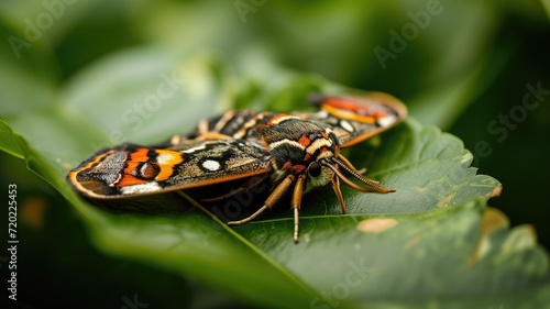 A colorful moth on a green leaf backdrop