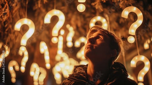 Person surrounded by glowing question marks in a warm, amber ambiance photo