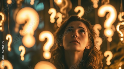 A woman surrounded by glowing question marks looking upwards