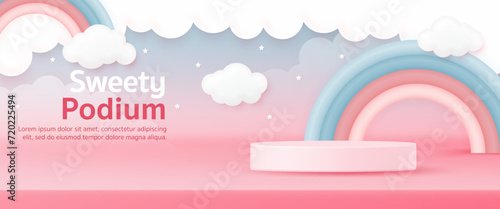 3D product display cylinder stand podium. Rainbow in blue sky background for Valentine day sale, kid banner, children day, social media template, discount sale promotion, voucher, post