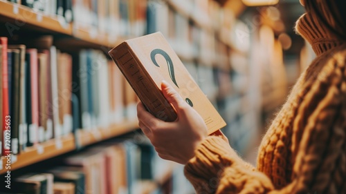 Hand holding a book with a question mark in a library photo