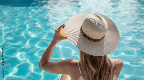 Female guest wearing wide brim hat sipping a cocktail by the hotel pool © ChubbyCat