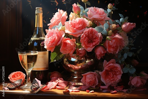 bouquet of roses and champagne, valentine's day mood