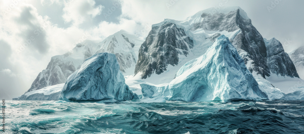 Iceberg in Arctic Ocean with Seascape with Ice Glaciers Wallpaper Background Poster Illustration Digital Art Cover Card