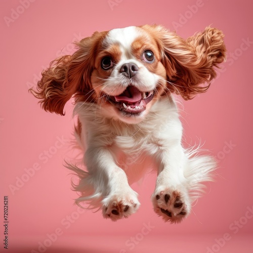 A happy jumping Cavalier King Charles Spaniel