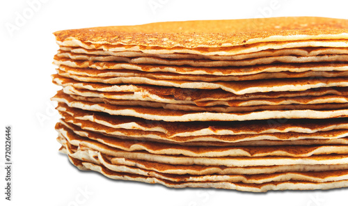 On a white and transparent background lies a pile of folded pancakes for the Maslenitsa holiday. Side view. PNG.