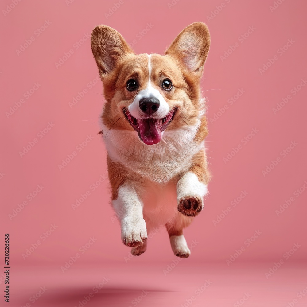 A happy jumping Pembroke Welsh Corgi. light-pink Background