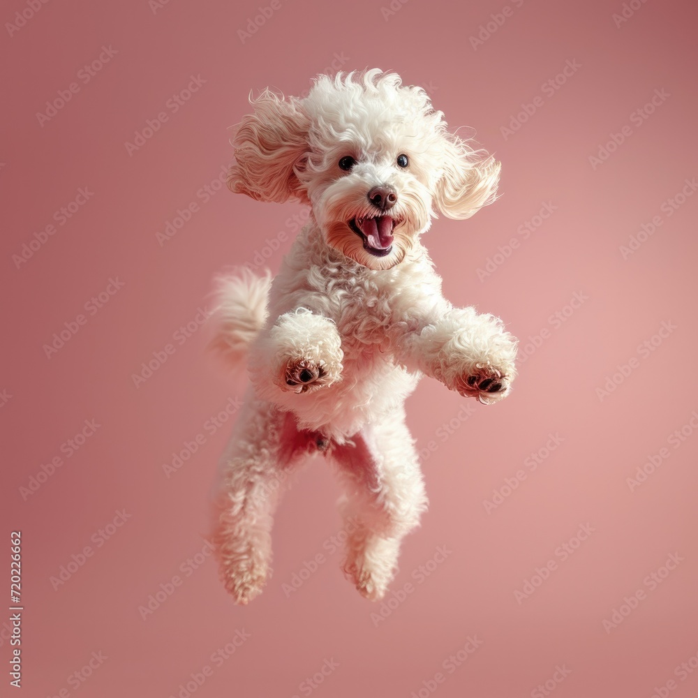 A happy jumping Poodle. light-pink Background A happy jumping Poodle. light-pink Background