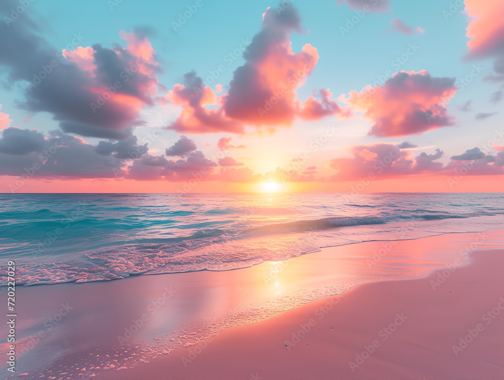 Beautiful sunset over a pink sandy beach and ocean. spectacular beach scene, beach travel view background
