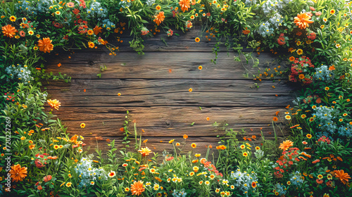 Wild plants and flowers on a wooden rustic background  copy space.